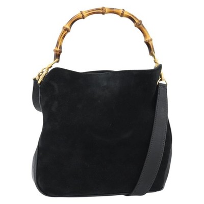 GUCCI Bamboo Shoulder Bag Suede 2way Black Gold 001 1014 1638 0 Auth bs35599