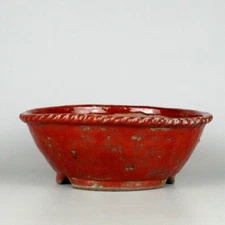 Japanese bonsai pot ECHIZEN BUNZAN signed Red glazed Rope edge Round φ9.3" *428