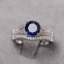Sapphire ring sterling silver engagement round cut September birthstone ring