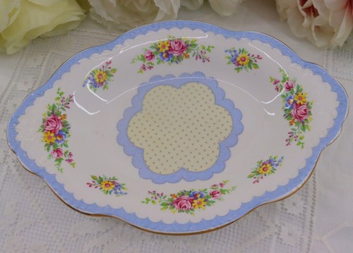 Rare Royal Albert Prudence Oval Biscuit Sandwich Tray Blue Border Pink Floral