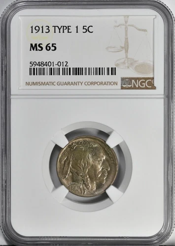 1913 Type 1 5C Buffalo Nickel NGC MS65 Graded Coin Beautiful Original Skin 3915
