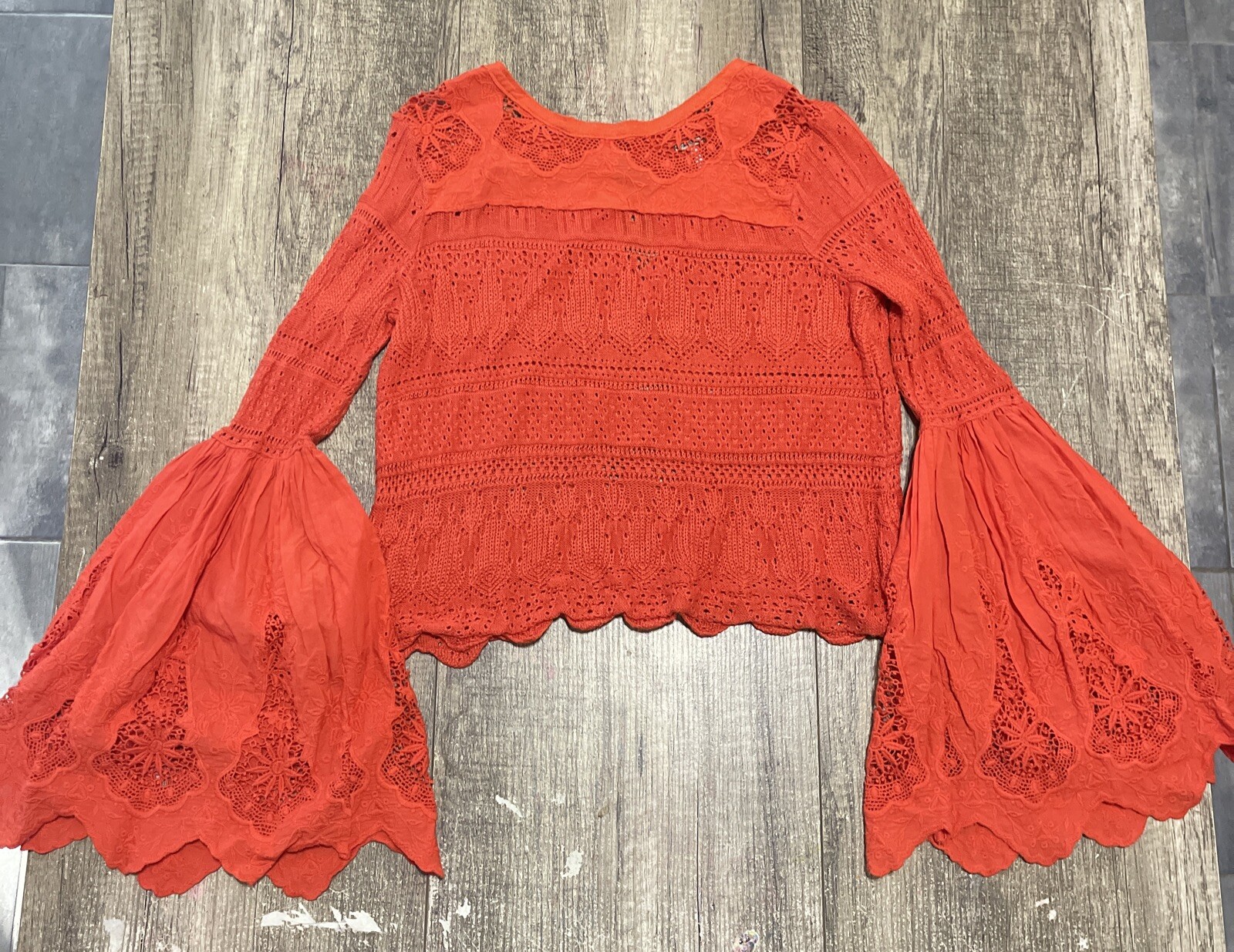 Free People Once Upon A Time Lace Crochet Bell Sleeve Top Size XS Red