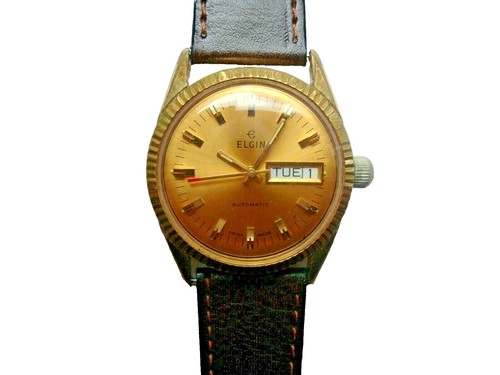 Vintage Elgin 6113 Yellow Sunburst Date Men display picture 1