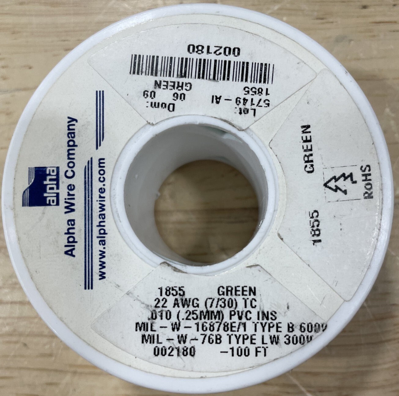 Alpha Wire 1855 GR005 Hook-up Wire, 22AWG, 7/30 PVC, 100ft Spool, Green