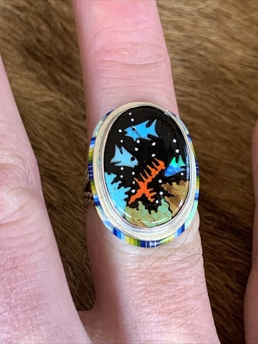 Vintage Estate Sterling Zuni Inlay Ring Fish In Coral Design Sz 8 - Picture 9 of 9