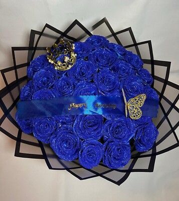 BLAU GLITZERHandmade Ribbon Rose Eternal Bouquet -20 Rose