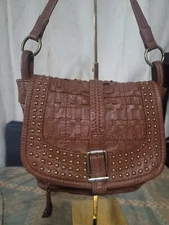 The SAK Brown Genuine Leather Studded HandBag Hobo Purse-read descriptions