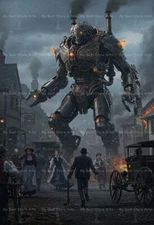 STEAMPUNK ROBOT INVASION ART PRINT, Town Attack Decor, Fantasy Sci-fi Poster