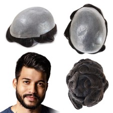 Mens Thin Skin Toupee Hair Replacement System Hairpiece BIO Black Human Hair 1B