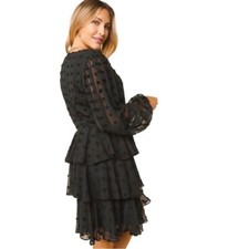 Flirty Fit Flare Dress Whimsigoth Women Large Black Long Sleeve Tiered Swiss Dot