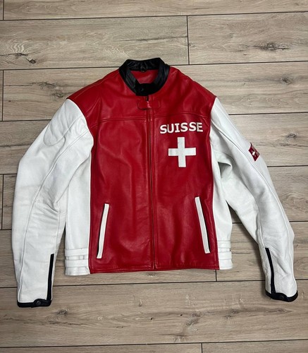 Men's Motorcycle Bikers World Swiss Suisse Big Logo Leather Jacket 2XL Red White - Picture 2 of 15