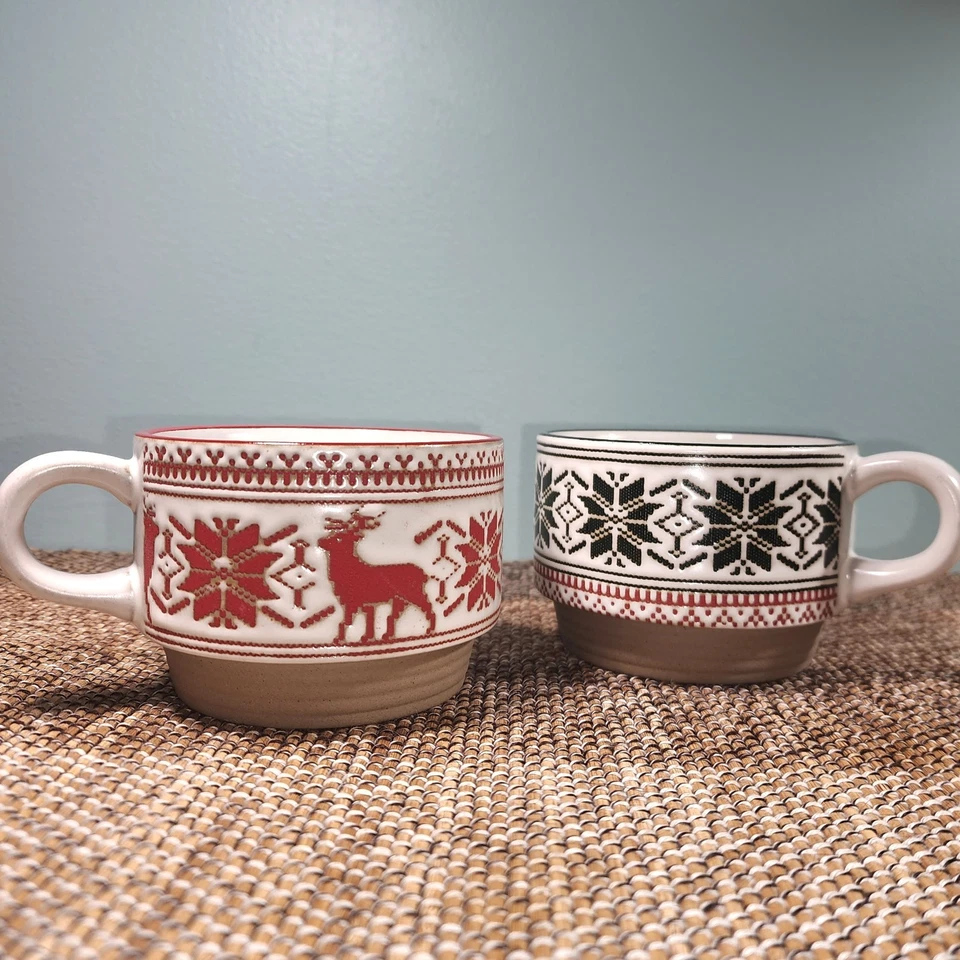 Magnolia Hearth & Hand Fair Isle Taza de Navidad Gres Ciervo Rojo APILABLE NUEVO Foto 4 de 4