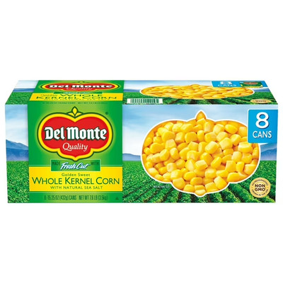 Del Monte Golden Sweet Whole Kernel Corn 15.25 oz Cans - 8 Pack.
