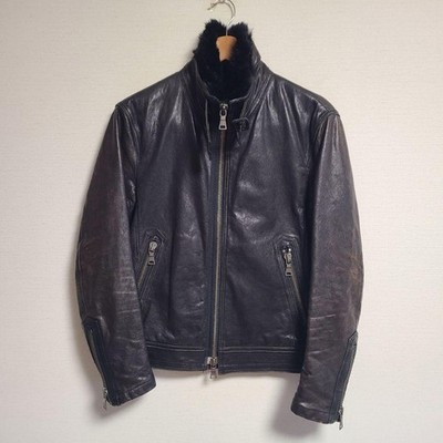 Burberry Black Label Men's Leather Riders Jacket Stand Collar Fur