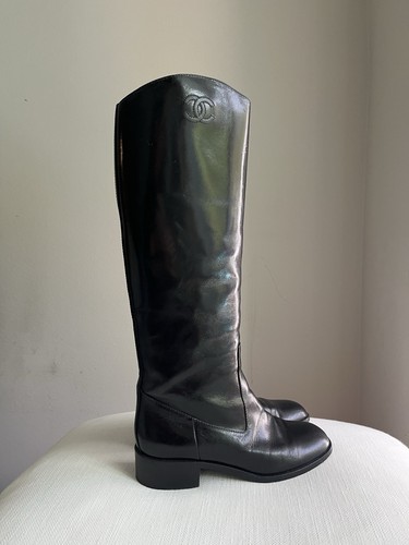 CHANEL 37 Black Leather Knee-High Boots - Picture 1 of 13