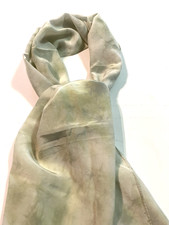 VTG 100 Silk Scarf Green White Cloud Rolled Hem Rectangle Size 17" x 56"