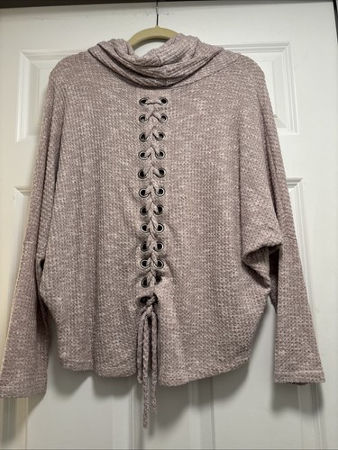 Ariella Sweater Top Women S Oversized Light Cowl Neck Lace up Grommet Back Soft - Picture 2 of 3