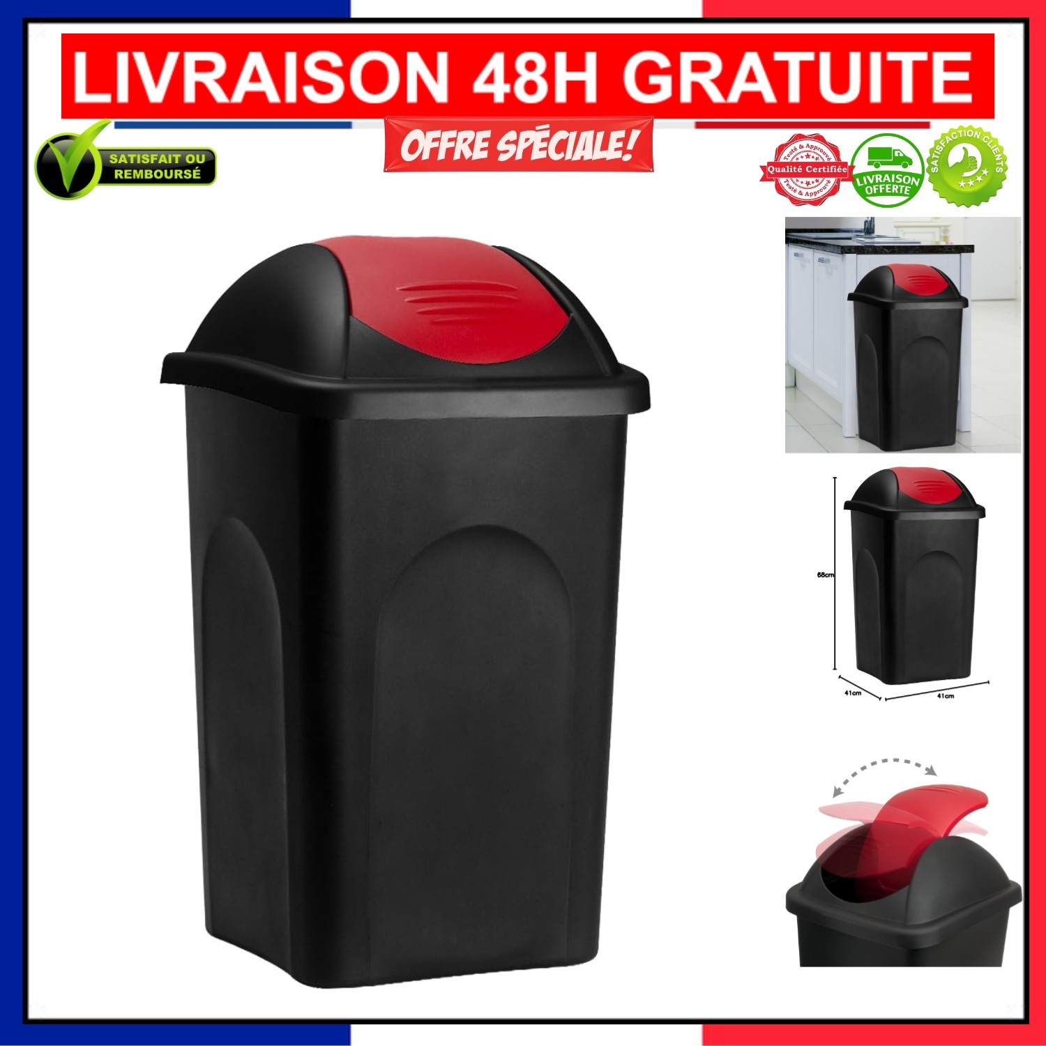 Corbeille de tri 60L plastique noir et rouge avec bac amovible