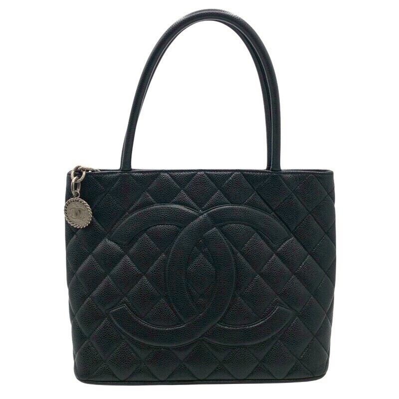 CHANEL Black Caviar Leather Tote Bag with Silver Hardware A01804
