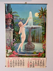 VTG 1939 Art Deco Moonlight Nude With Fountain C. Moss / Litho In U.S.A Calendar