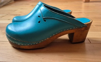 Size 39 Teal Handcrafted Sanita Open Backed Women's Clogs With Eyelet Design