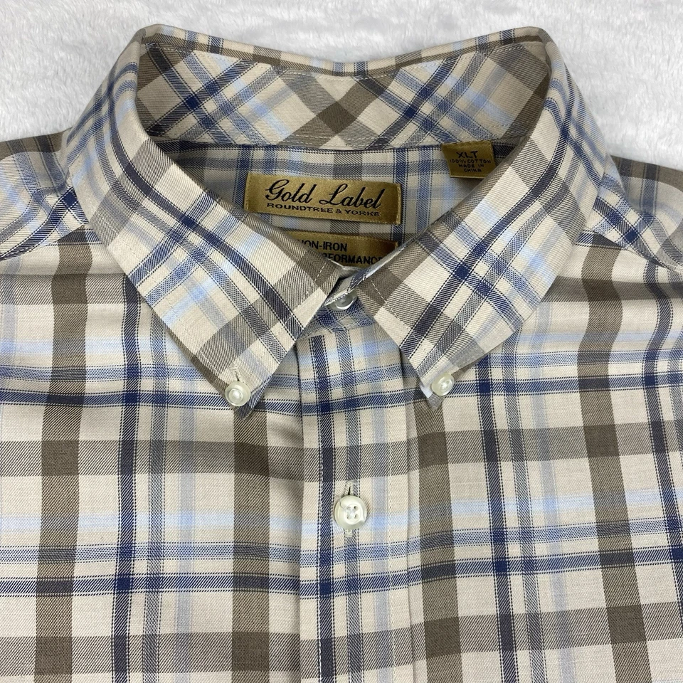 Roundtree & Yorke Gold Label Dress Shirt Mens XLT Blue/Tan Plaid No Iron - Image 3 of 4
