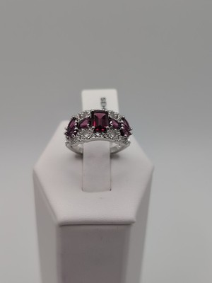 Schöner DK 7 Steine Himbeer Granat weißer Zirkon Sterlingsilber Ring Größe 6