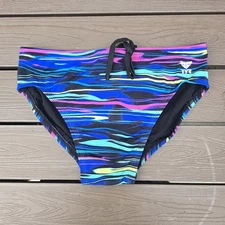 TYR Men's Durafast Fresno Striped Blue/multi Racer Swim Briefs Sz 32 New No Tag