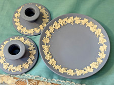 Vintage Wedgewood Jasperware Candlesticks & Matching Plate  6"