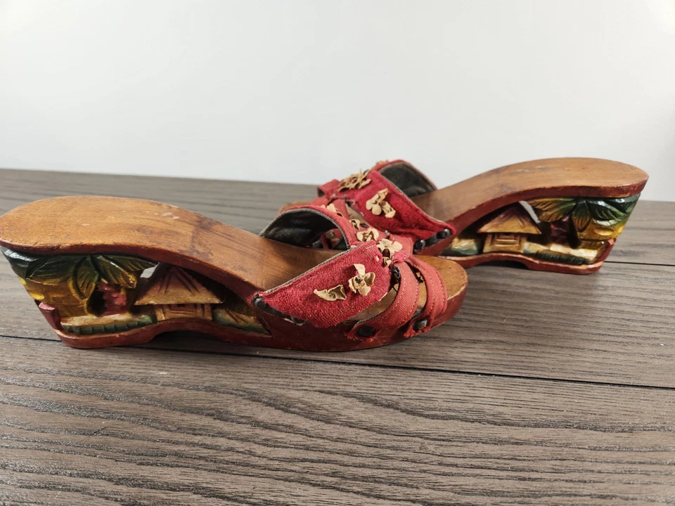 Винтаж - Вторая мировая война 1940-х годов эпохи ручной резьбы расписные деревянные туфли сандалии новинка - деко - Изображение 4 из 4
