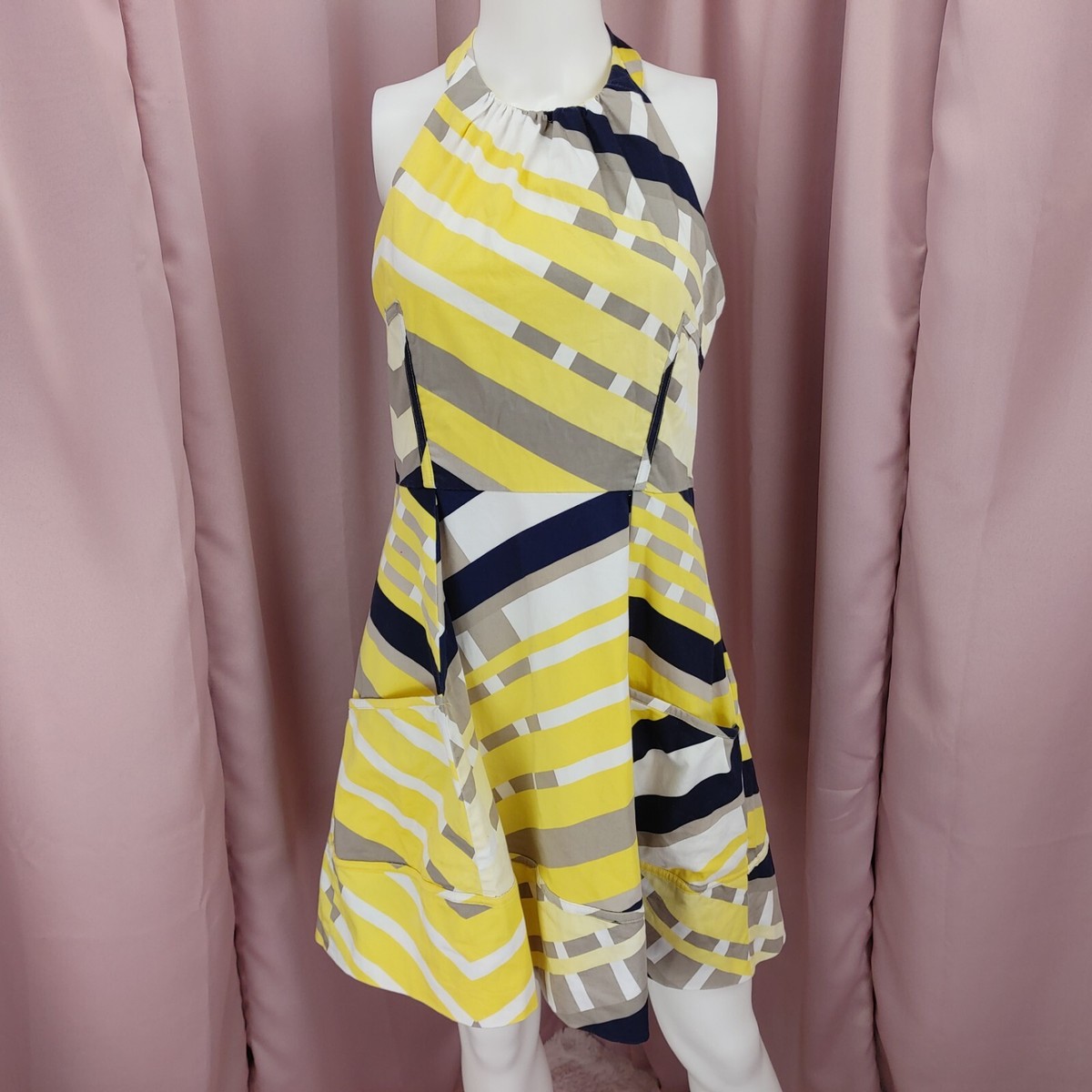 Jessica Simpson Women's Yellow Striped Halter Backless Pleated A-Line Dress  10