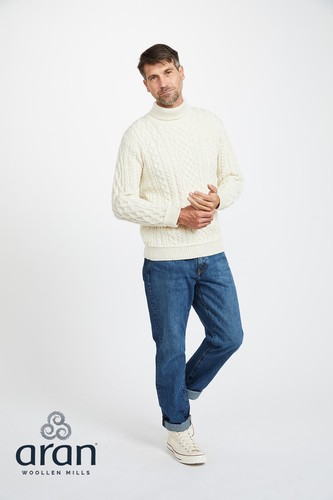 Aran Traditional Merino Wool High Neck Sweater Men's Irish Made Knitted Pullover - Picture 5 of 10