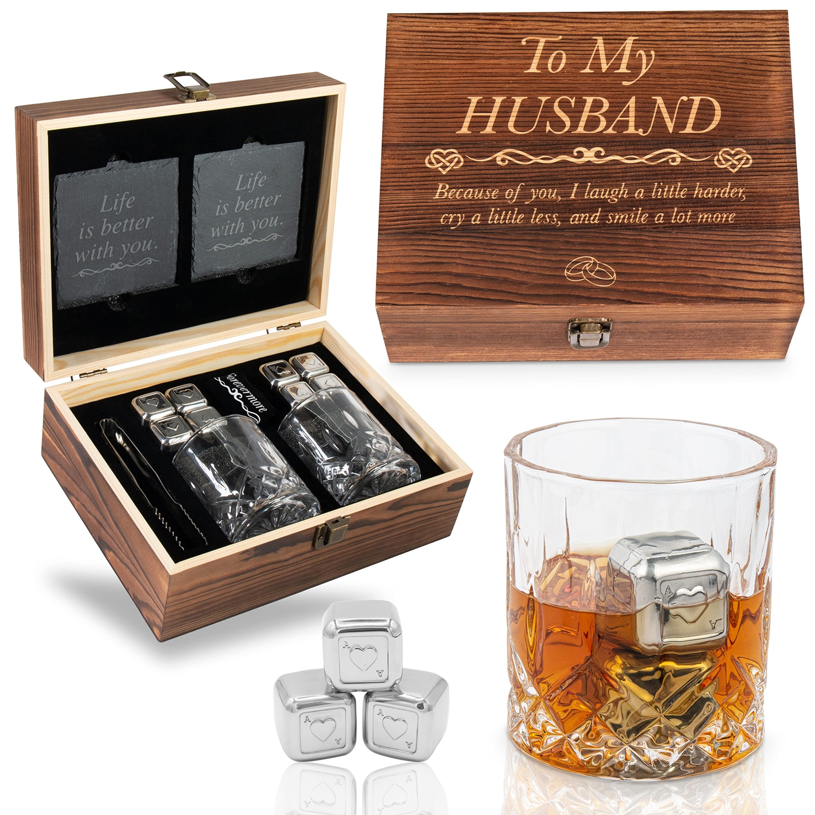 Valentines Day For Him ‘To My Husband’ Engraved Whisky Glass Gift Set | Roman...-image