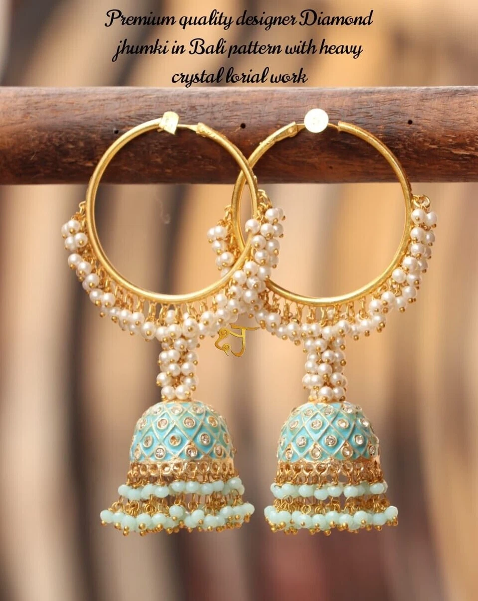 Long Gold Jhumka with Pearl drops | CZ American Diamond Bridal Jhumka –  Indian Designs