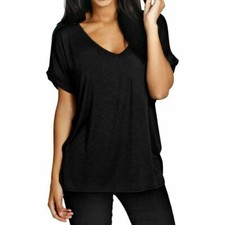  LADIES WOMEN BAGGY OVERSIZED LOOSE FIT TURN UP BATWING SLEEVE V NECK TOP T SHIR