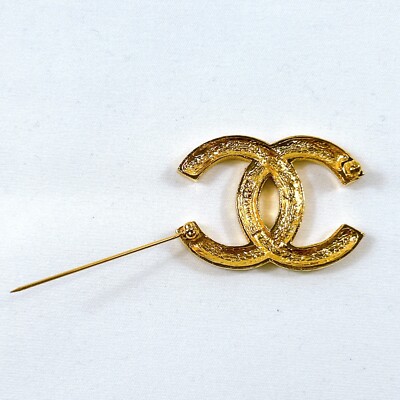 CHANEL COCO CC Logo Brooch Goldtone Rhinestone Vintage Authentic