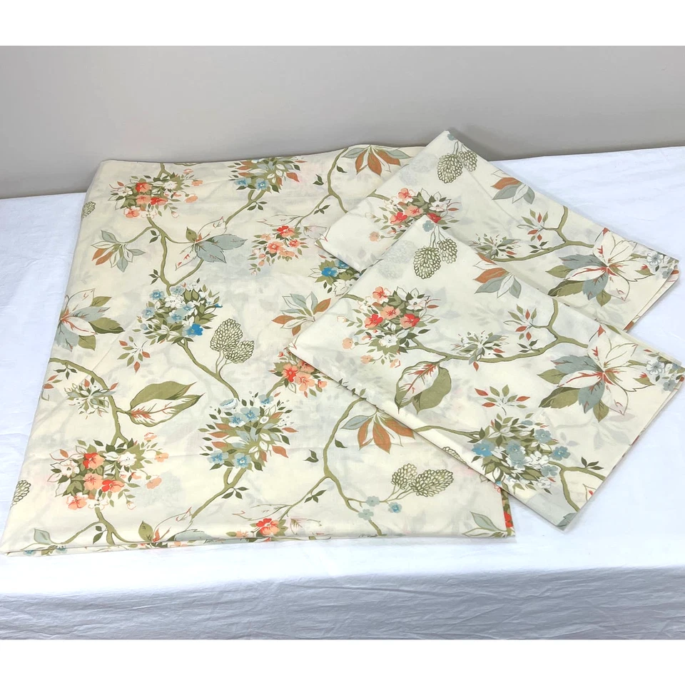 Vintage Fieldcrest Full Flat Sheet 2 Pillowcases Set Blue Coral Floral Percale - Image 2 of 4