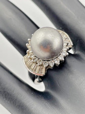 925 STERLING SILVER 12MM GRAY FAUX PEARL CZ RING SIZE 7 COCKTAL ROUGH FINISH 287