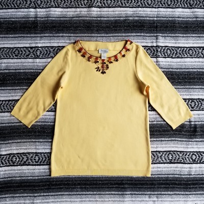 Neiman Marcus Exclusive Sz S 3/4 Sleeve Embellished Beaded Neck Blouse Yellow