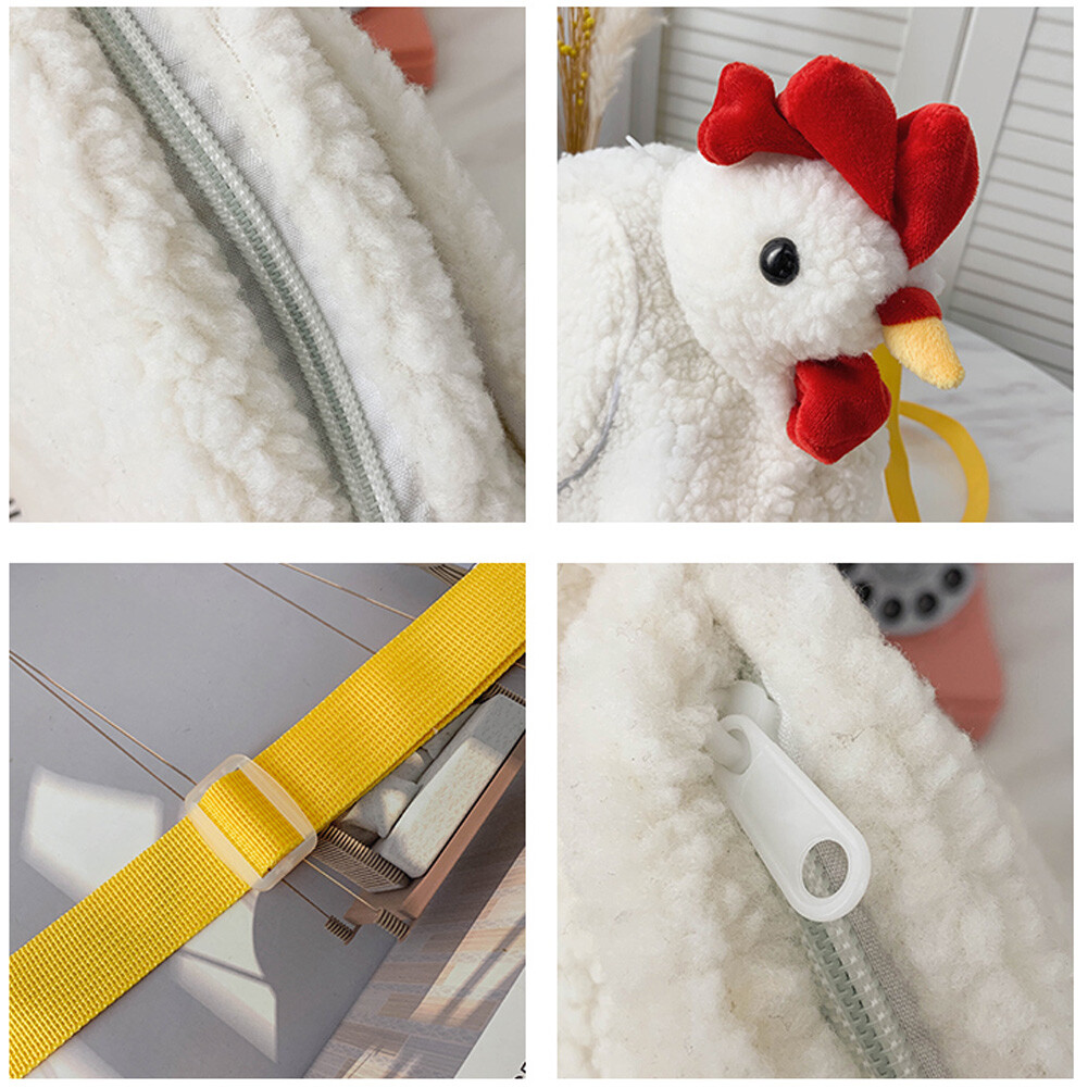 Sac à Bandoulière Femme HenTote, Pochette Cartoon Poulet En Polaire Blanc