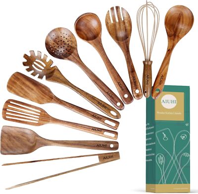 Teak Wood Kitchen Utensil Set 10 Pack Nonstick Cooking Tools Spatulas Ladles ...