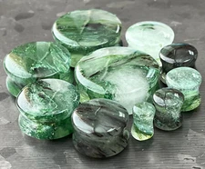 PAIR Mossy Forest Green Style Glass Double Flare Plugs Body Jewelry