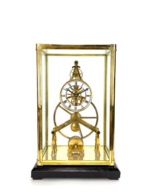 24K Gold Plated 8 Day Great Wheel Fusee Driven Porcelain Dial Skeleton Clock