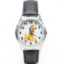Pluto The Dog Cartoon Character Black Leather Band Wrist Watch