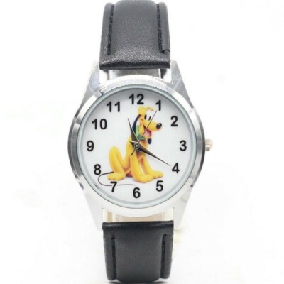 Pluto The Dog Cartoon Character Black Leather Band Wrist Watch