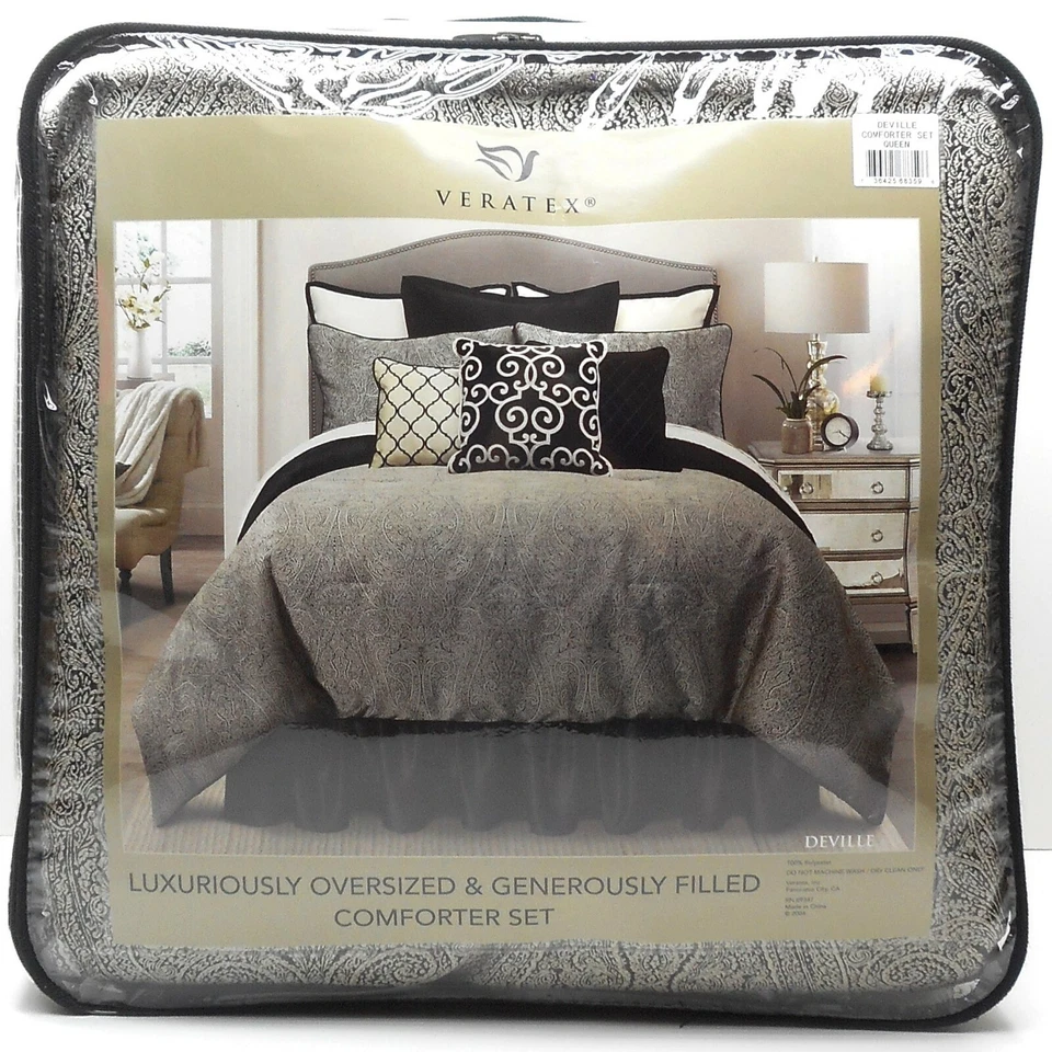 VERATEX Deville королева одеяло комплект 4шт новый пейсли цветочный медальон черный слоновой кости - Изображение 3 из 4