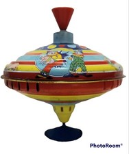 Vintage Schylling Metal Tin Toy Top Circus and Clowns, Elephants - 9" Tall NICE