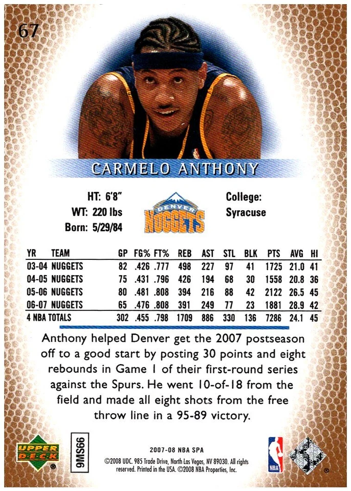 2007-08 SP Authentic #67 Carmelo Anthony - FREE SHIPPING! - Image 2 of 2