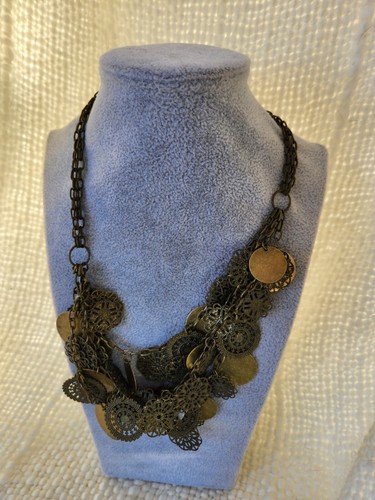 Bronze Tone Bib Egyptian Revival Necklace coin Statement Pendant Round Dangly - Picture 2 of 5