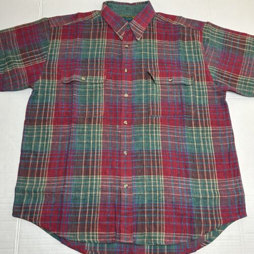 Vintage 90s Native Habit Men Tartan Plaid Short Sleeve Button Shirt Red Green XL - Picture 3 of 7